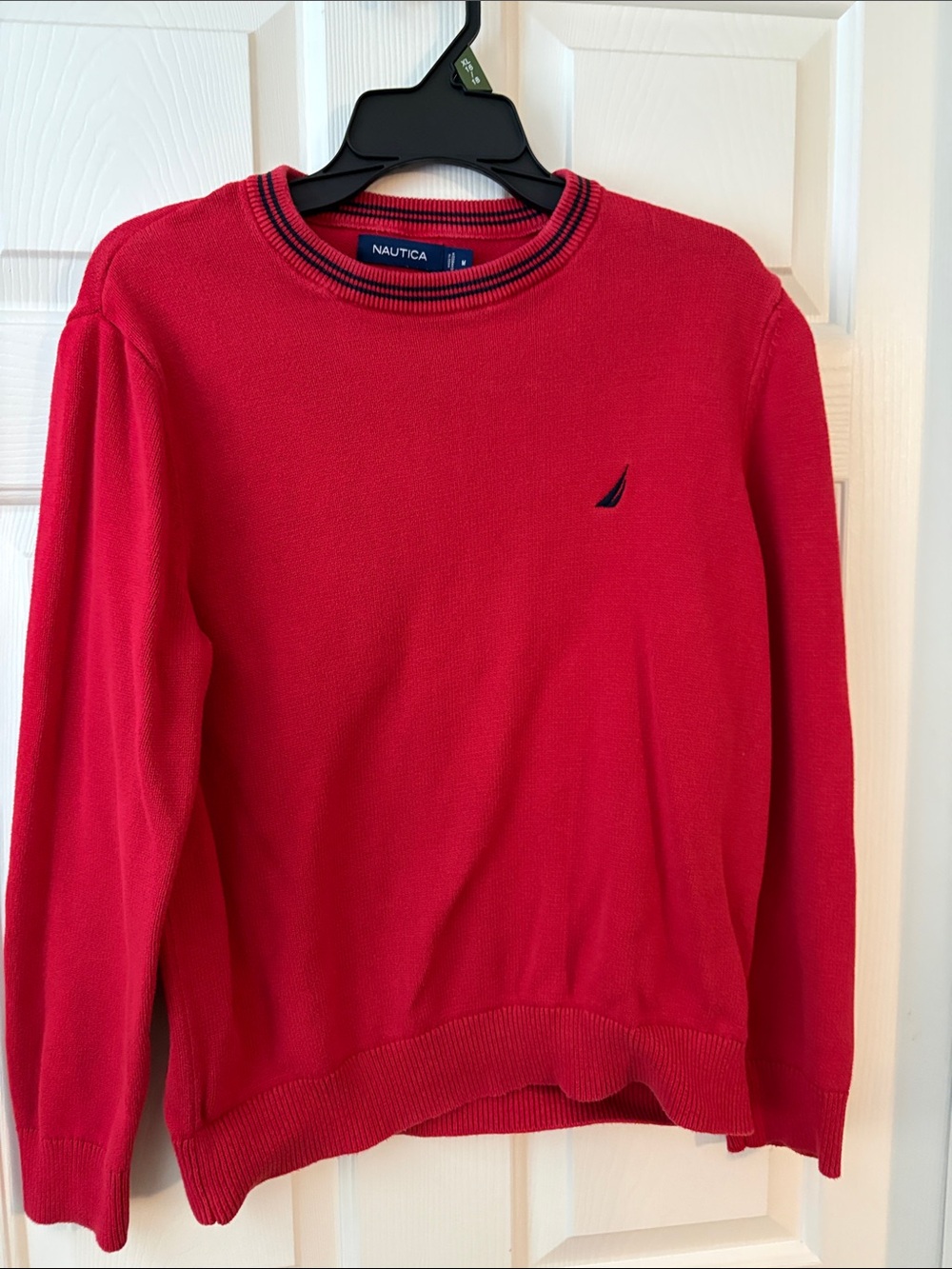 Nautica Men's Bright Red Crewneck Sweater with Navy Logo